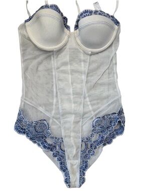 La Perla White Semi Sheer Push Up Bodysuit Bustier Blue Lace Trim 34 B Lingerie